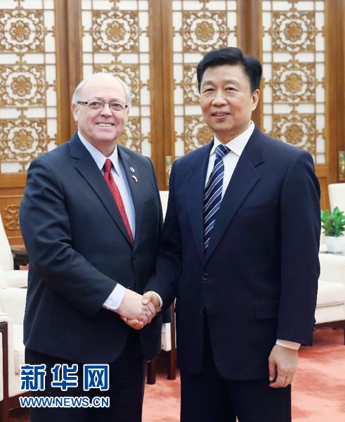 1月4日，中國國家副主席李源潮在北京人民大會堂會見加拿大參議長富里。新華社記者 姚大偉 攝