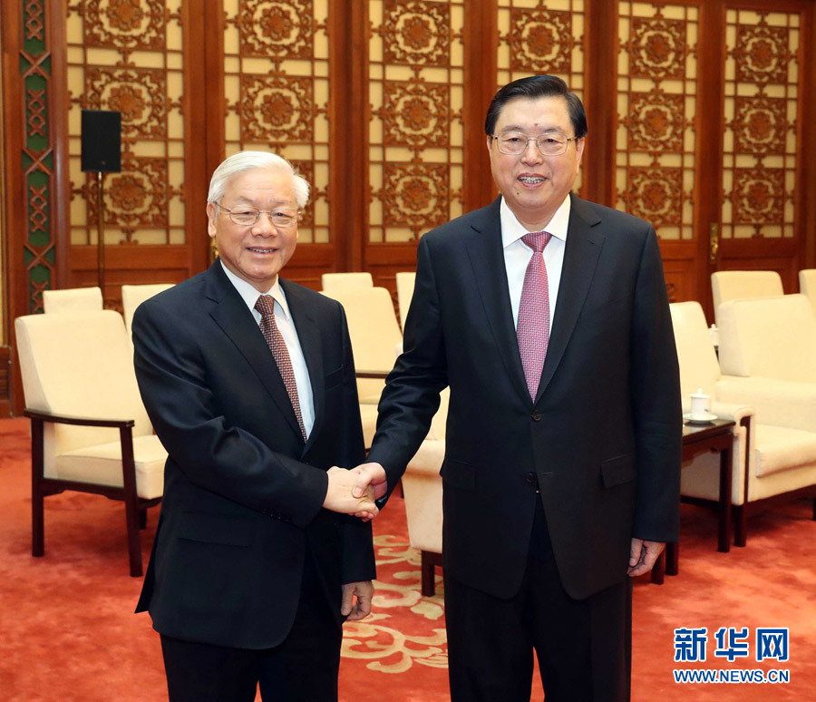1月13日，中共中央政治局常委、全國人大常委會委員長張德江在北京人民大會堂會見越共中央總書記阮富仲。 新華社記者 劉衛(wèi)兵 攝