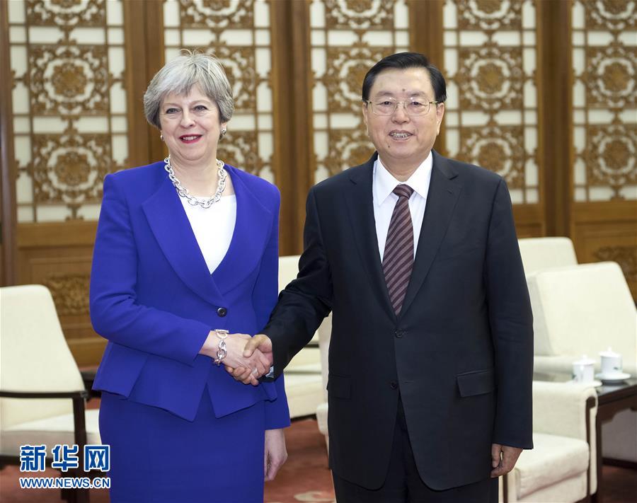 2月1日，全國人大常委會委員長張德江在北京人民大會堂會見英國首相特雷莎·梅。新華社記者 李濤 攝