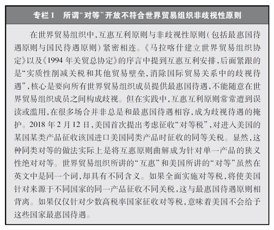 （圖表）[“中美經(jīng)貿(mào)摩擦”白皮書(shū)]專欄1 所謂“對(duì)等”開(kāi)放不符合世界貿(mào)易組織非歧視性原則
