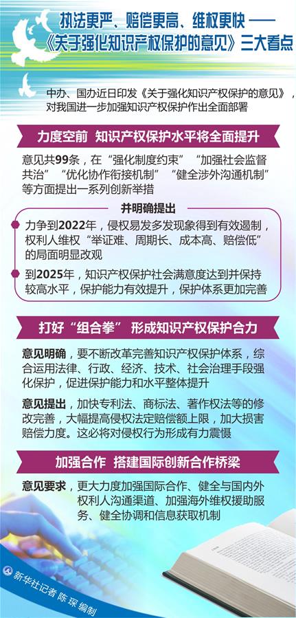 （圖表）[新華調(diào)查]執(zhí)法更嚴(yán)、賠償更高、維權(quán)更快——《關(guān)于強(qiáng)化知識(shí)產(chǎn)權(quán)保護(hù)的意見》三大看點(diǎn)