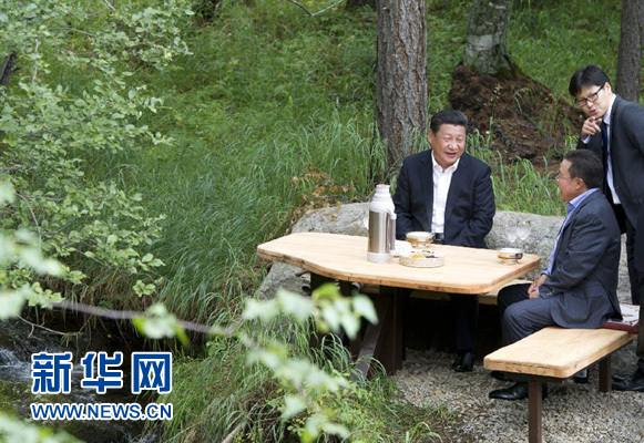 8月22日，國家主席習近平同蒙古國總統(tǒng)額勒貝格道爾吉在烏蘭巴托市郊的總統(tǒng)官邸再次會晤。這是習近平同額勒貝格道爾吉會晤后在溪畔飲茶。新華社記者 黃敬文 攝