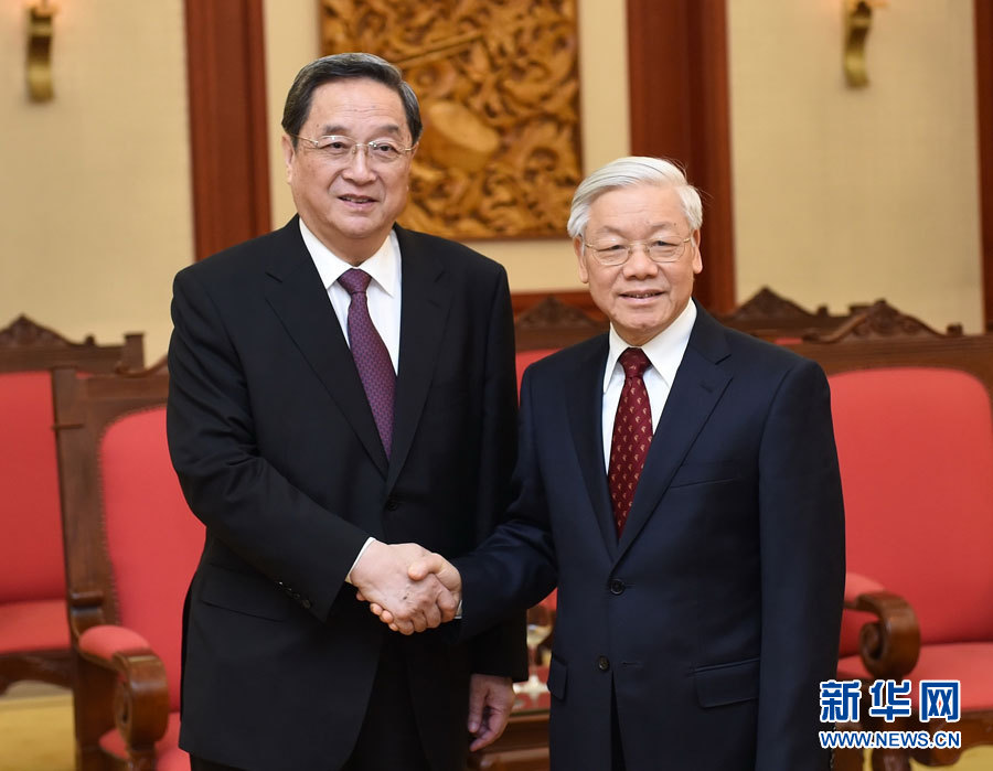 12月25日至27日，中共中央政治局常委、全國(guó)政協(xié)主席俞正聲對(duì)越南進(jìn)行正式訪問。這是12月26日，俞正聲在河內(nèi)會(huì)見越共中央總書記阮富仲。 新華社記者劉建生攝