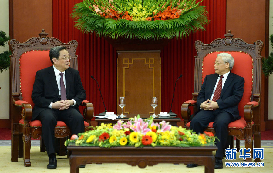 12月25日至27日，中共中央政治局常委、全國(guó)政協(xié)主席俞正聲對(duì)越南進(jìn)行正式訪問。這是12月26日，俞正聲在河內(nèi)會(huì)見越共中央總書記阮富仲。 新華社記者馬占成攝