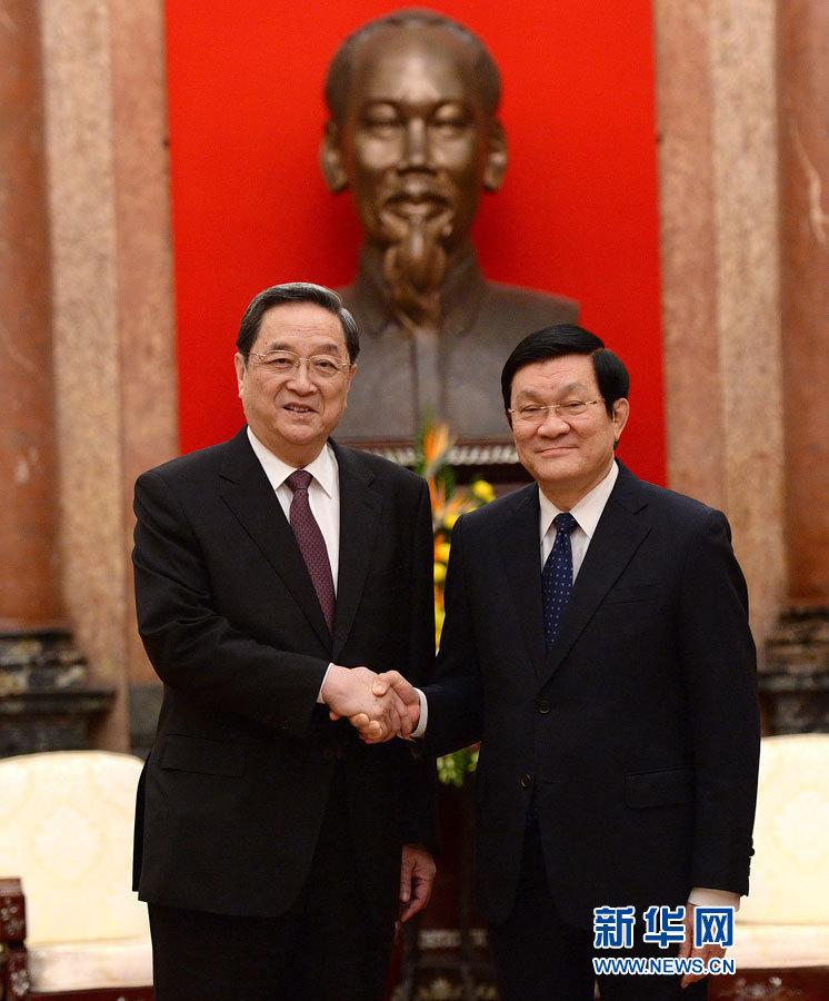 12月25日至27日，中共中央政治局常委、全國(guó)政協(xié)主席俞正聲對(duì)越南進(jìn)行正式訪問。這是12月26日，俞正聲在河內(nèi)會(huì)見越南國(guó)家主席張晉創(chuàng)。 新華社記者馬占成攝