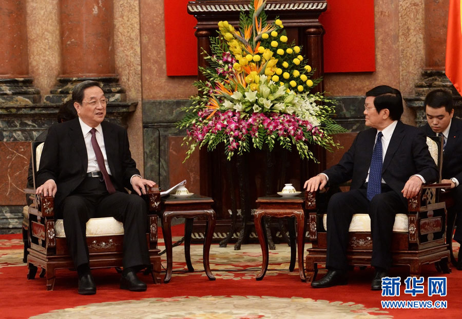 12月25日至27日，中共中央政治局常委、全國(guó)政協(xié)主席俞正聲對(duì)越南進(jìn)行正式訪問。這是12月26日，俞正聲在河內(nèi)會(huì)見越南國(guó)家主席張晉創(chuàng)。 新華社記者劉建生攝