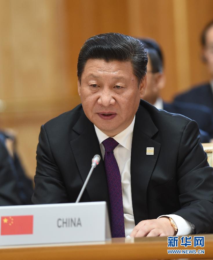 7月9日，金磚國(guó)家領(lǐng)導(dǎo)人第七次會(huì)晤在俄羅斯烏法舉行。中國(guó)國(guó)家主席習(xí)近平、俄羅斯總統(tǒng)普京、巴西總統(tǒng)羅塞夫、印度總理莫迪、南非總統(tǒng)祖馬出席。這是習(xí)近平發(fā)表題為《共建伙伴關(guān)系　共創(chuàng)美好未來(lái)》的主旨講話(huà)。新華社記者 饒愛(ài)民 攝 